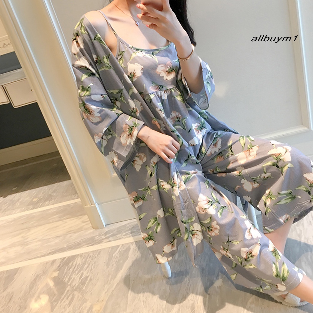 Bộ Đồ Ngủ Pijama 3 Món Áo Cardigan Tay Dài Phối Quần Dài In Hoa Dễ Thương Cho Bạn Gái