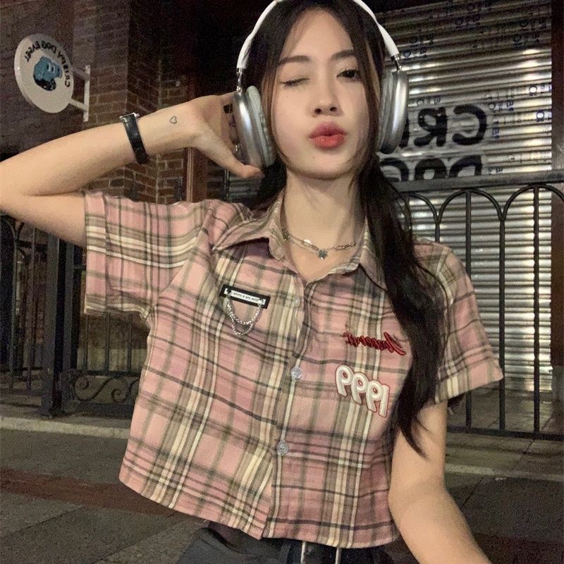 COZOK Áo Sơ Mi Ngắn Tay Dáng Ôm Hoa Văn Kẻ Ô Phong Cách vintage Thời Trang