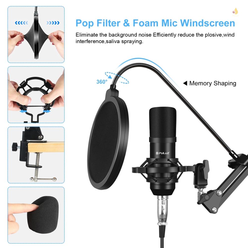 Bộ Micro Điện Dung PULUZ Hát Karaoke S-tudio Phát Sóng Cánh Tay Và Giá Đỡ Kim Loại Chống Sốc &amp; Thẻ Âm Thanh USB Cho Phòng Khách Trình Diễn