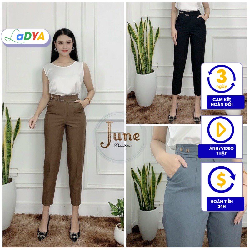 Quần baggy nữ Ladya tây lưng cao công sở ống đứng dáng dài vải tuyết mưa màu đen xanh nâu M333