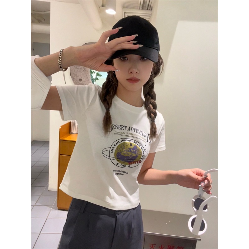 Áo Thun Tay Ngắn Cổ Tròn In Chữ Phong Cách Retro Dành Cho Nữ