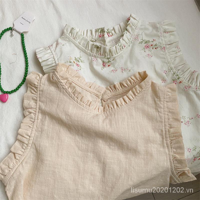 Áo Sát Nách Vải Cotton Phối Ren Hoa Kiểu Hàn Quốc Dễ Thương Cho Bé Gái