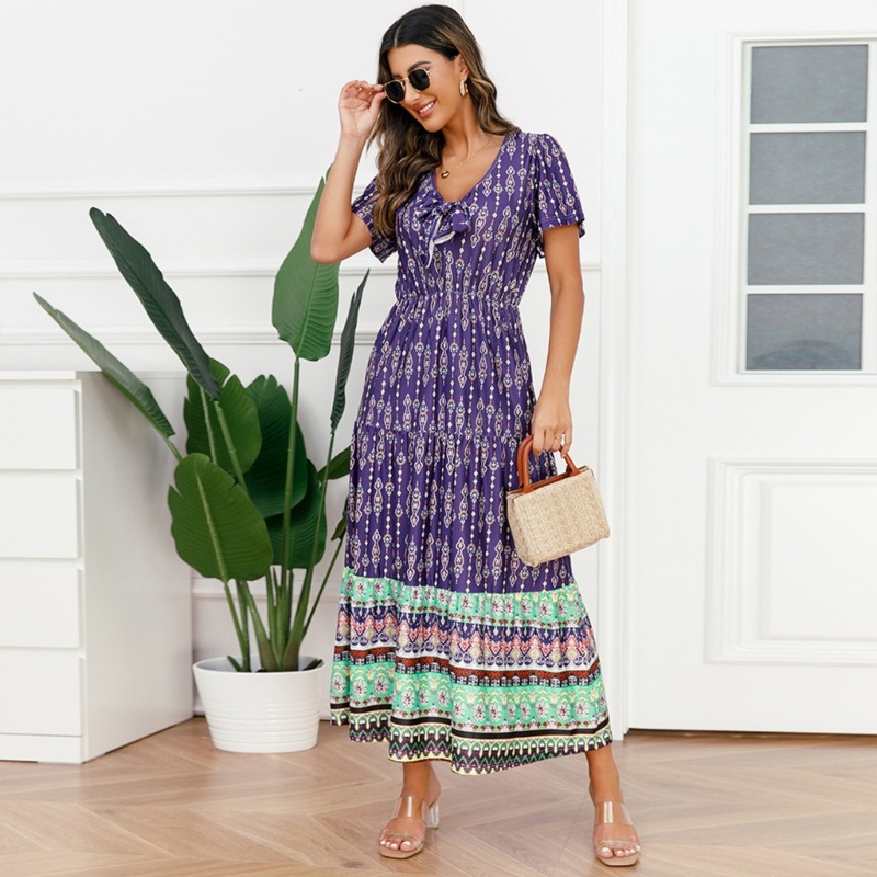 Đầm Xòe Tay Ngắn Cổ Chữ V In Họa Tiết Hoa Phong Cách Bohemian Thời Trang Mùa Hè Cổ Điển Cho Nữ