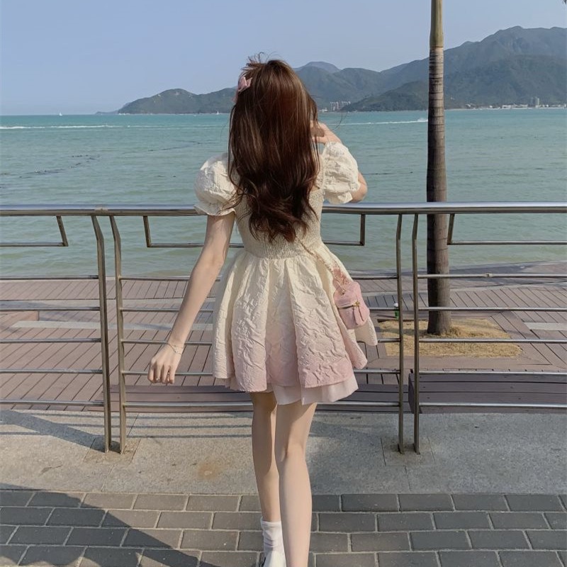 Đầm Tay Ngắn Cổ Vuông Màu Gradient Thời Trang Mùa Hè Quyến Rũ Cho Nữ