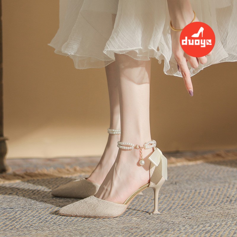 Duoya Tóc Thẳng ~ [Hàng Có Sẵn] Giày Cao Gót Mũi Nhọn Thắt Nơ Đính Ngọc Trai Mùa Xuân Hè Cho Phù Dâu Miễn Phí Vận Chuyển