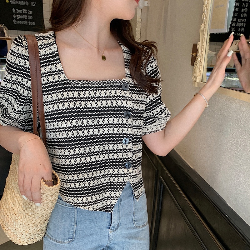 SUXI Áo Kiểu Cổ Vuông Tay Ngắn Dáng Rộng Thời Trang Mùa Hè Phong Cách Vintage Cho Nữ