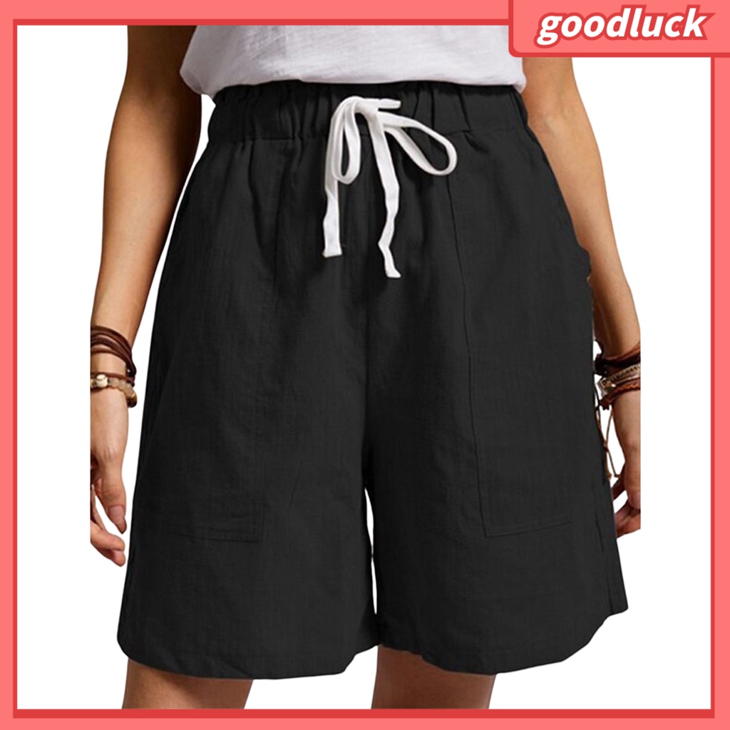 Quần ngắn ống rộng Lưng Thun Màu Trơn Phối Túi Lớn Thời Trang Đường Phố Mùa Hè