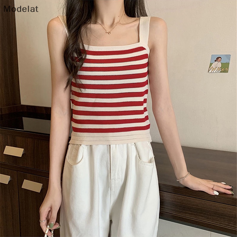 Áo Dệt Kim Hai Dây Dáng Ôm In Họa Tiết Kẻ Sọc Phong Cách Vintage Thời Trang Mùa Hè Cho Nữ