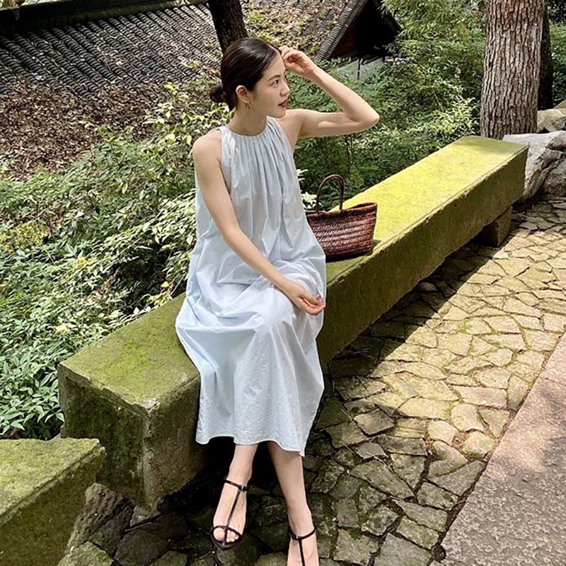 Đầm Midi Sát Nách Màu Trơn Dáng Rộng Thời Trang Mùa Hè Xinh Xắn Cho Nữ