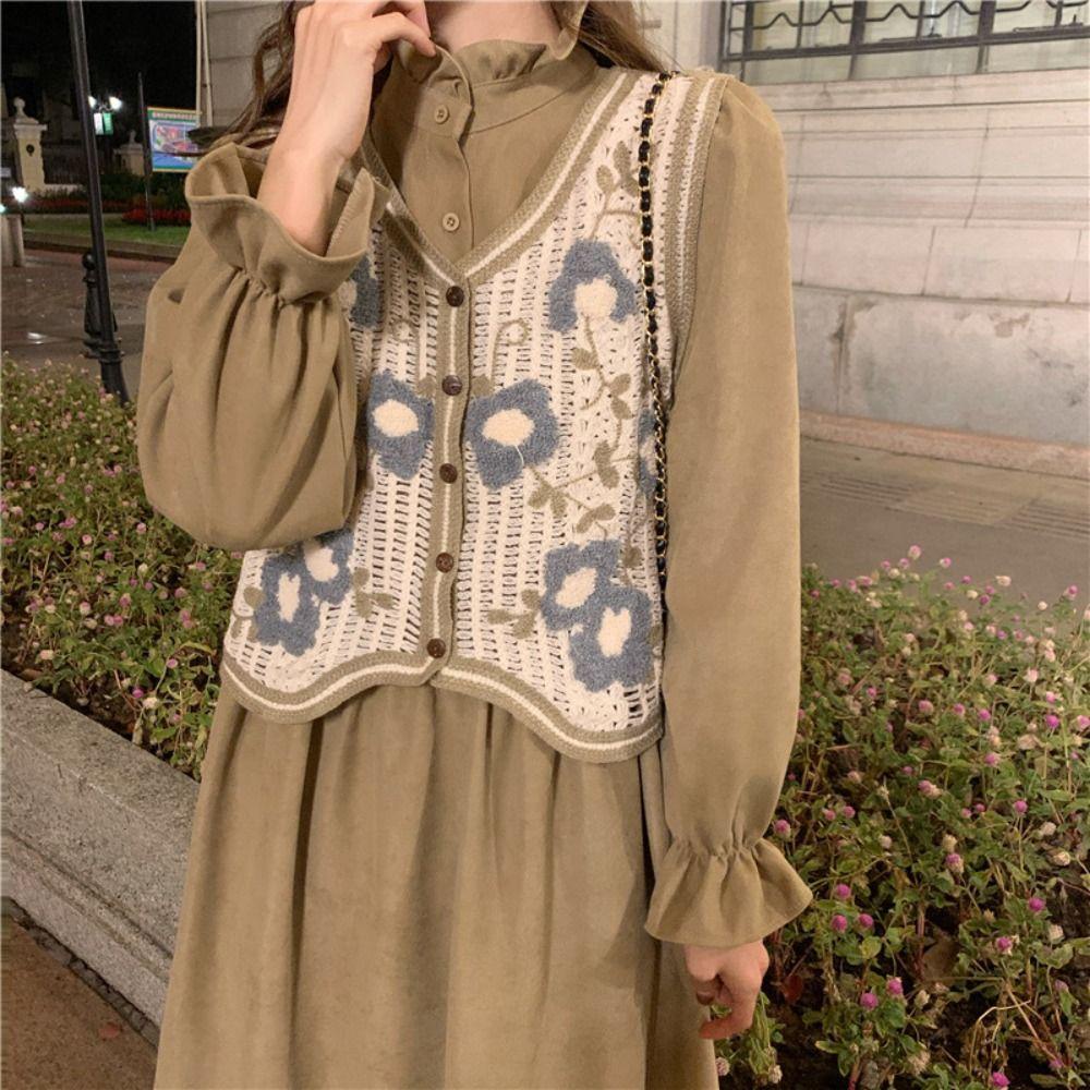 Áo Croptop Dệt Kim Sát Nách Thêu Họa Tiết Hoa Phong Cách Retro Hàn Quốc