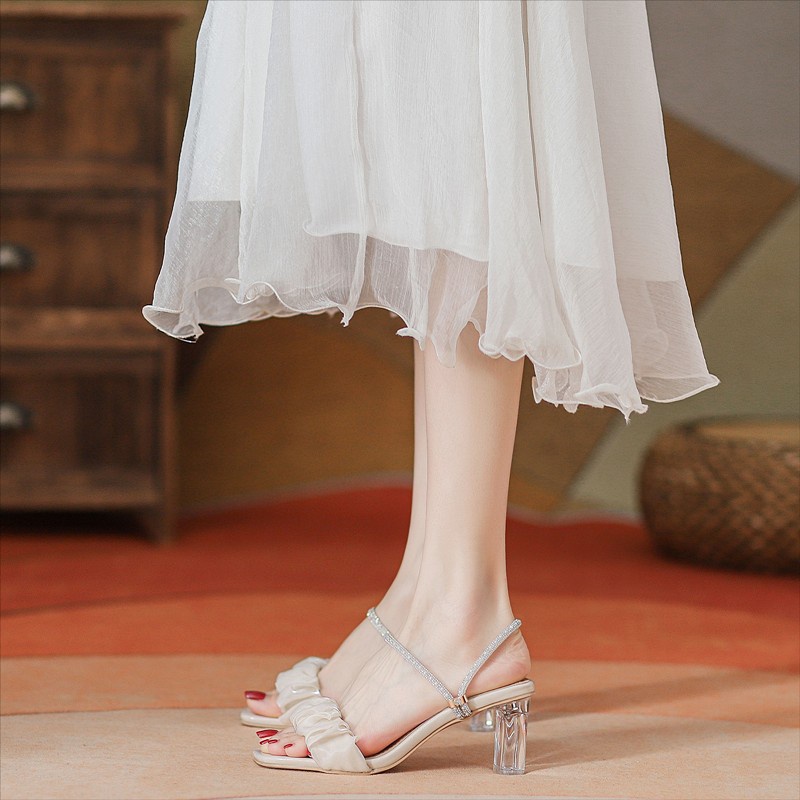 Duoya Dép Sandal Cao Gót Đính Đá Pha Lê Hai Lớp Dễ Phối Đồ Cho Nữ