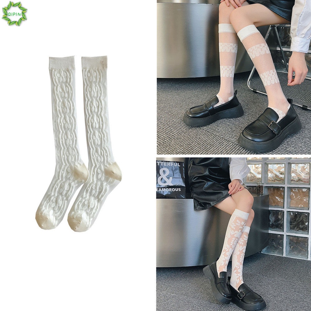 Cod Qipin Vớ Ống Lửng Màu Trắng Trơn Họa Tiết Hoa Bốn Lá Thời Trang Nhật Bản Cho Nữ