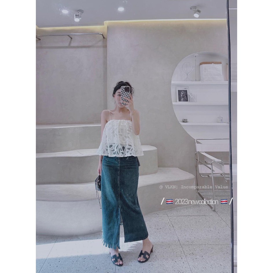 Chân váy jean dài xước