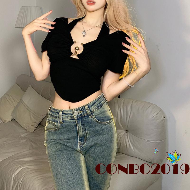 Áo Croptop Tay Ngắn Màu Sắc Đơn Giản Cho Nữ