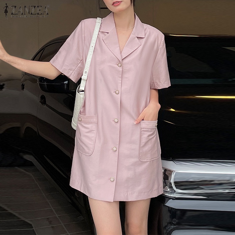 ZANZEA Đầm Mini Tay Ngắn Màu Trơn Cài Nút Phong Cách Hàn Quốc Thời Trang Cho Nữ