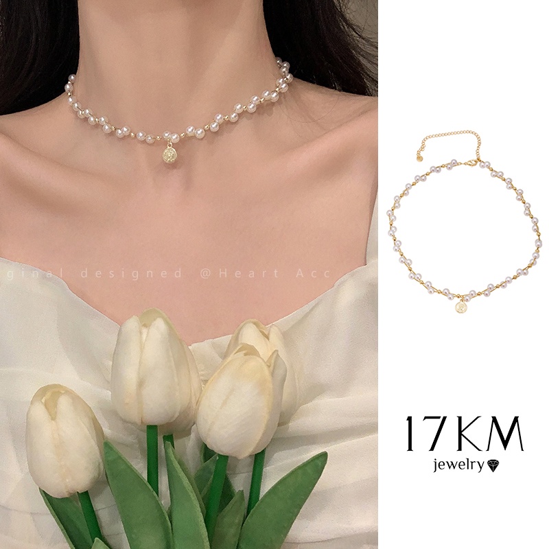 Vòng cổ 17KM mạ vàng đính hạt ngọc trai và đồng xu thanh lịch cho nữ