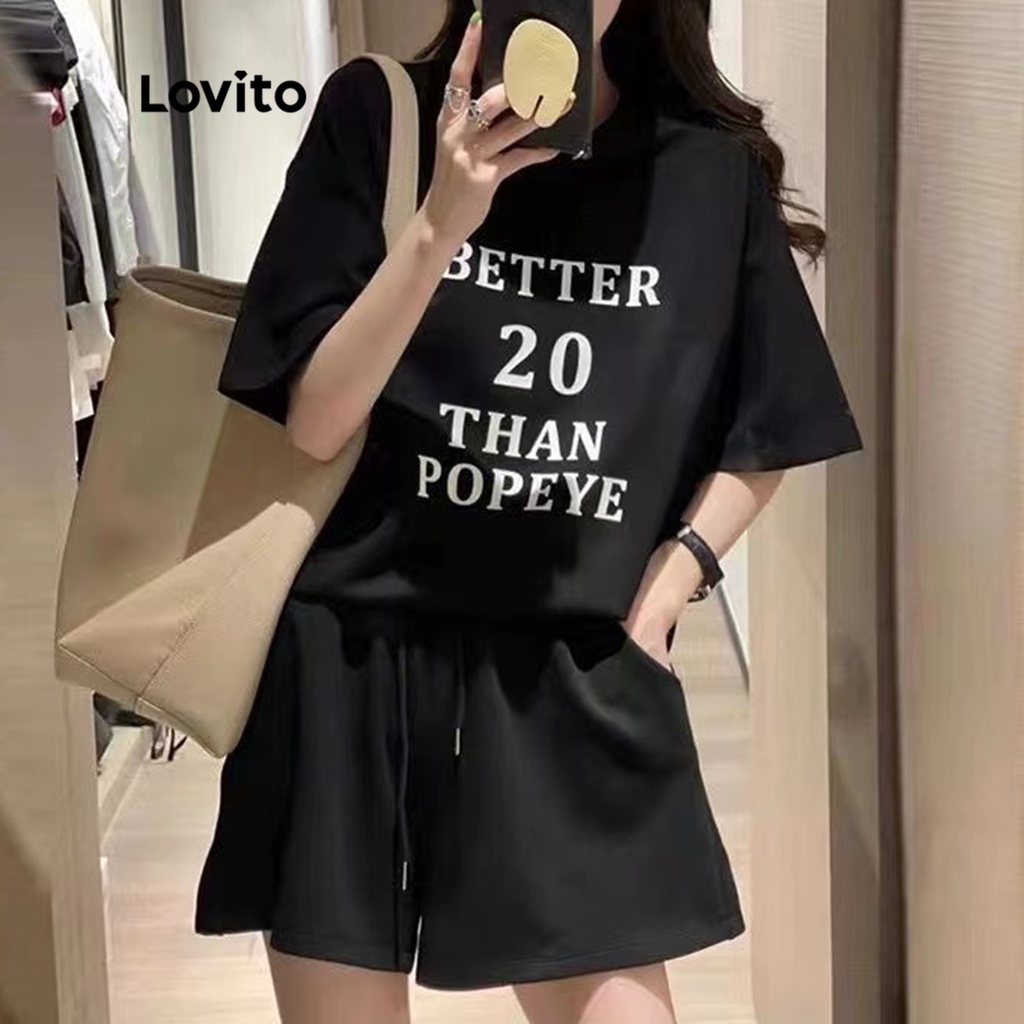 Lovito Bộ quần dài cổ thuyền dây rút họa tiết chữ thường cho nữ LNA08146 (Đen)