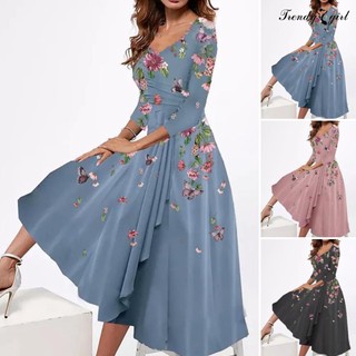 Đầm Midi Tay Lửng Cổ Chữ V Viền Lớn In Họa Tiết Hoa / Bướm Thanh Lịch Thời Trang Cho Nữ