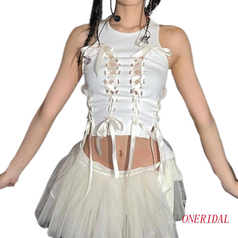 Áo Thun Không Tay Cổ Thắt Nơ Phong Cách Đường Phố Gợi Cảm Cho Bé Gái Tik-tok Y2k