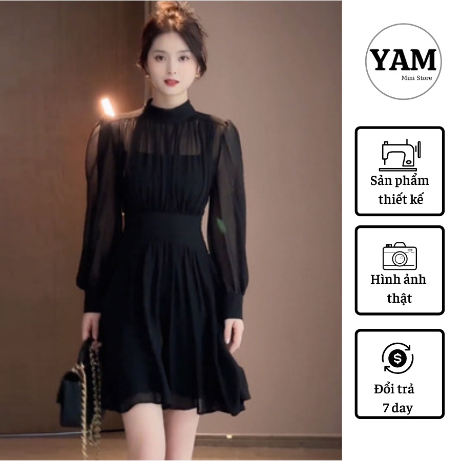 Váy đen tơ dáng ngắn tay dài bo eo cổ cao hai lớp Kayla size SMLXL YAM MiNi STORE