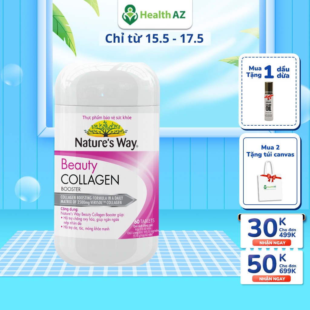 Viên Uống Đẹp Da Collagen Beauty Booster NATURE'S WAY Hỗ Trợ Ngăn Ngừa Oxy Hóa, Hộp 60 Viên
