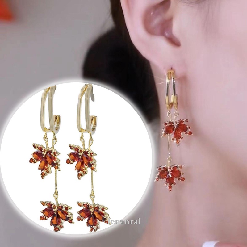 Khuyên Tai Vòng Lủng Lẳng Hình Lá Phong Đính Đá Zircon Đỏ Lãng Mạn Thích Hợp Làm Quà Tặng Lễ Tình Nhân