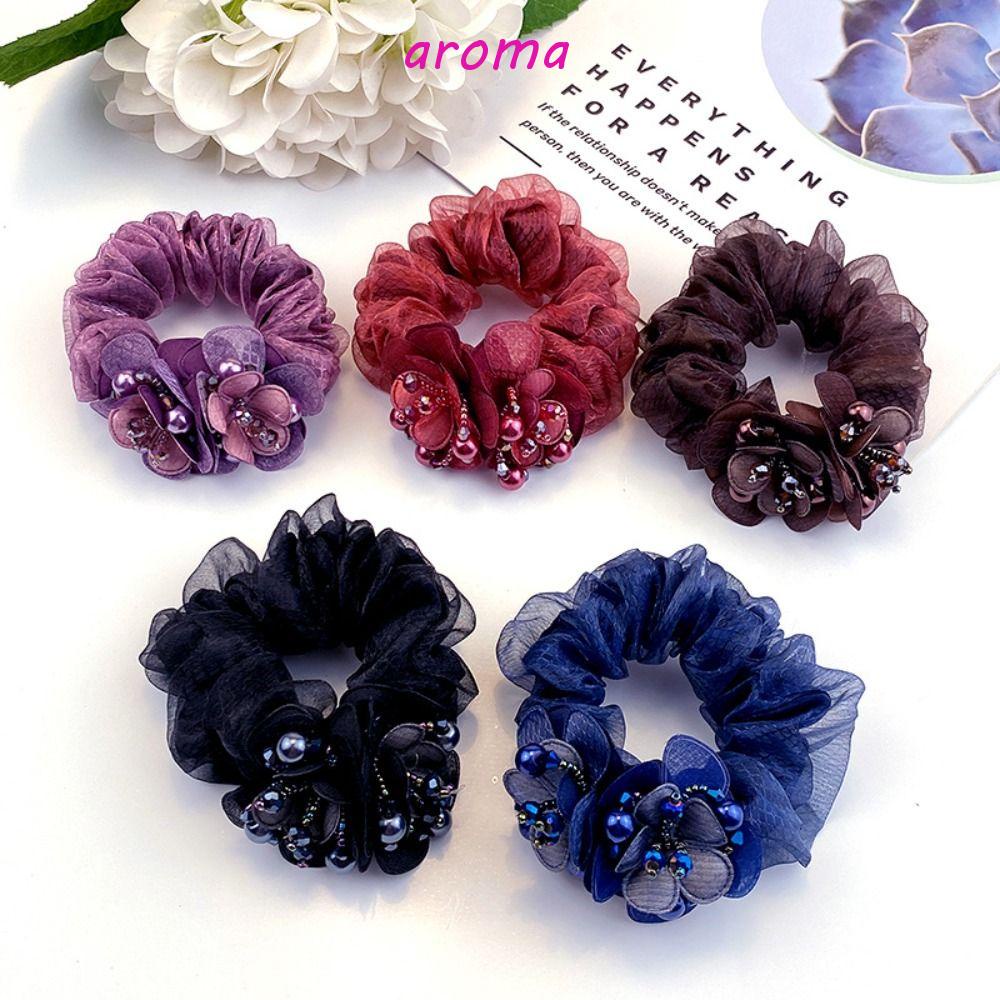 Dây Cột Tóc Cao Su Phối Lụa In Hoa Hồng Phong Cách Hàn Quốc Cổ Điển Thanh Lịch Dễ Phối Đồ