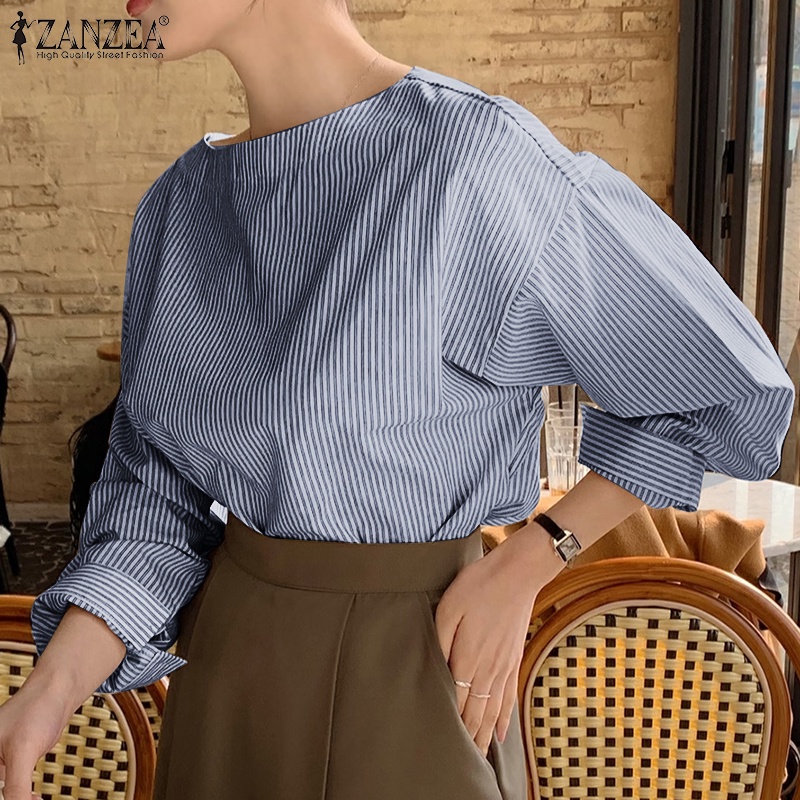 Áo nữ ZANZEA trễ vai dài tay cổ thuyền họa tiết sọc thời trang