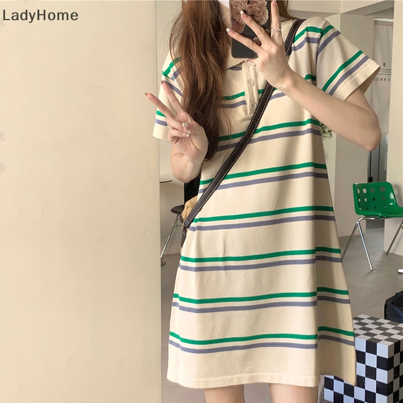 Đầm Tay Ngắn Cổ Bẻ Họa Tiết Kẻ Sọc Thời Trang Mùa Hè Xinh Xắn Cho Nữ