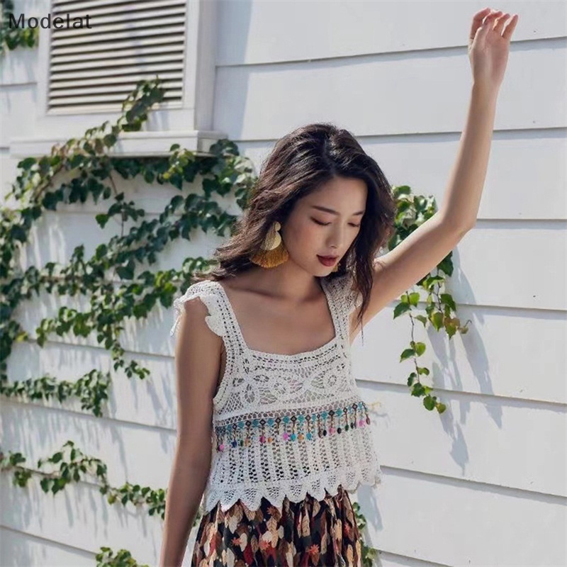 Áo Dệt Kim Sát Nách Thêu Họa Tiết Rỗng Kiểu Vintage Thời Trang Mùa Hè Cho Bạn Gái