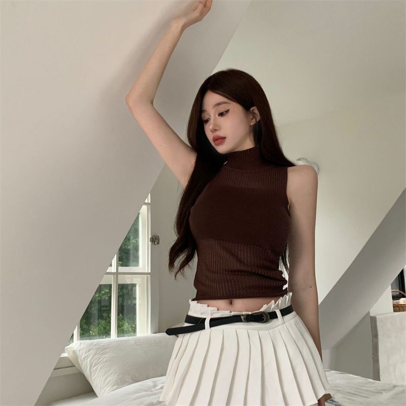 COZOK Áo Dệt Kim Sát Nách Cổ Cao Phong Cách vintage