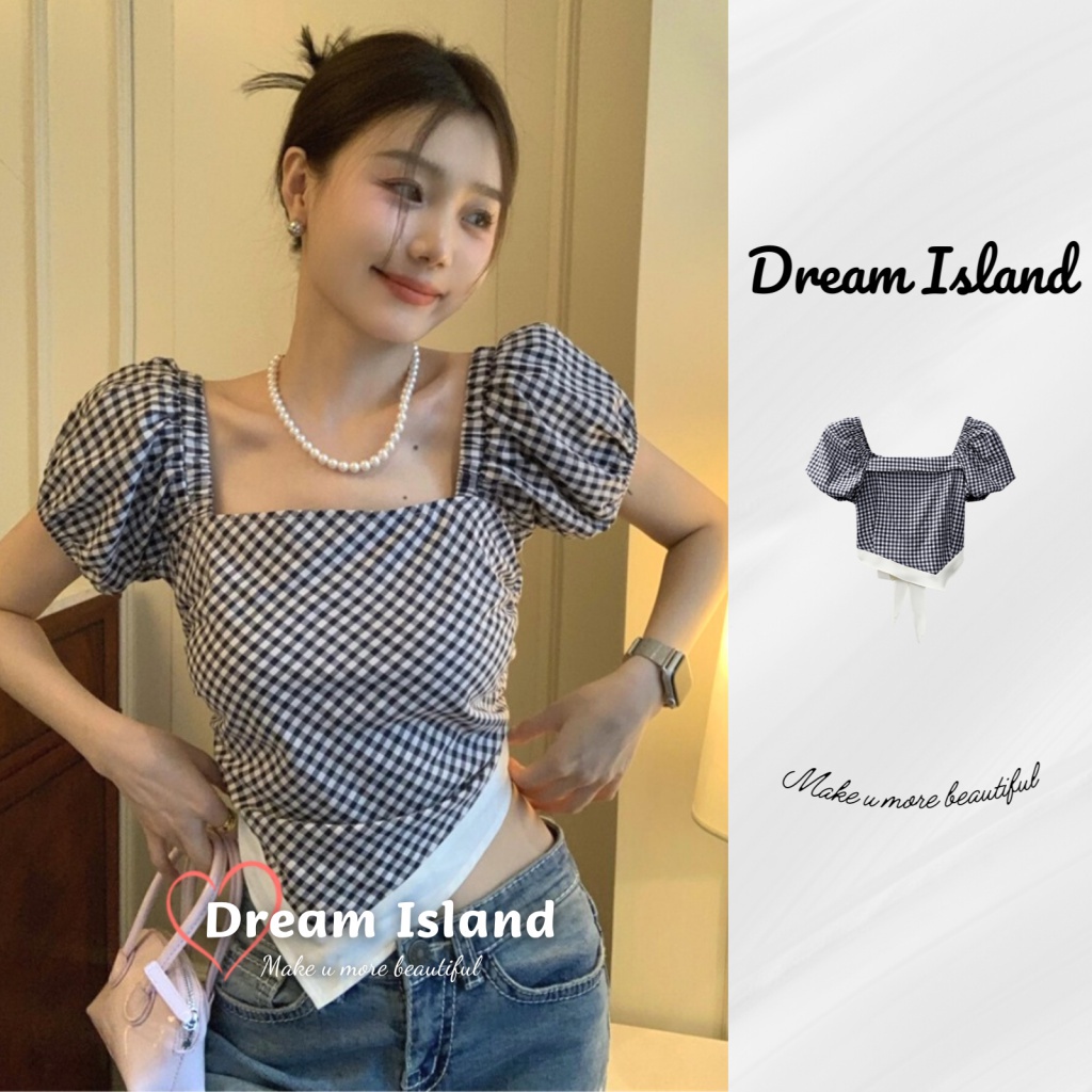 『Dream Island』Áo CROPTOP Ngắn Tay Cổ Vuông Dáng Ôm Họa Tiết Caro Ngọt Ngào Dễ Phối Đồ Thời Trang