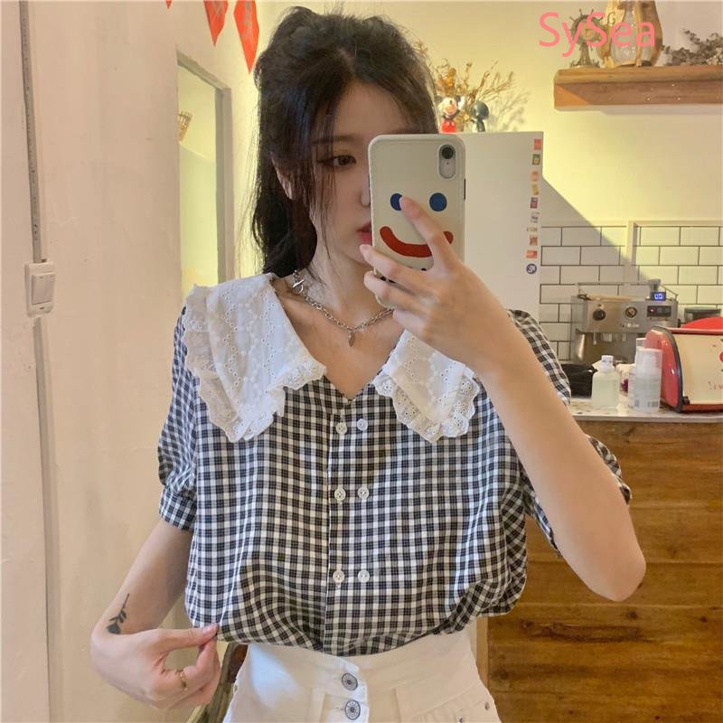 Áo Kiểu Tay Phồng Cổ Búp Bê Form Rộng Họa Tiết Sọc Caro Phong Cách Pháp