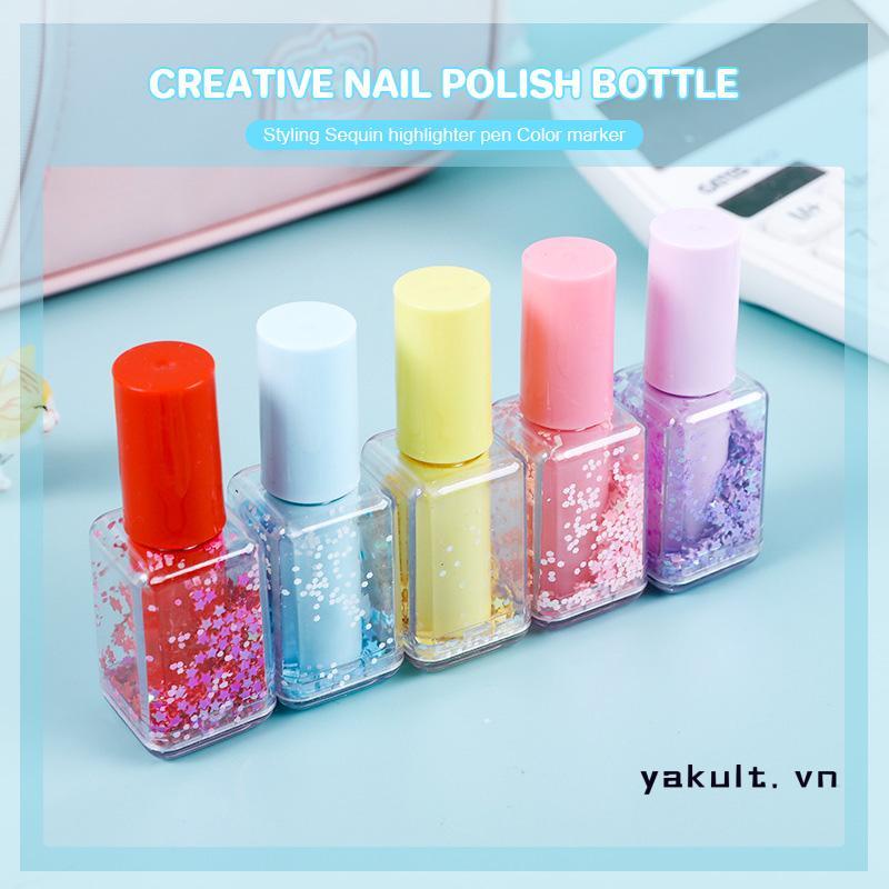 yakult Sáng Tạo Sơn Móng Tay Hình Chai Kim Sa Lấp Lánh Bút Huỳnh Quang Bút Đánh Dấu Sinh Viên Bút Màu Nước