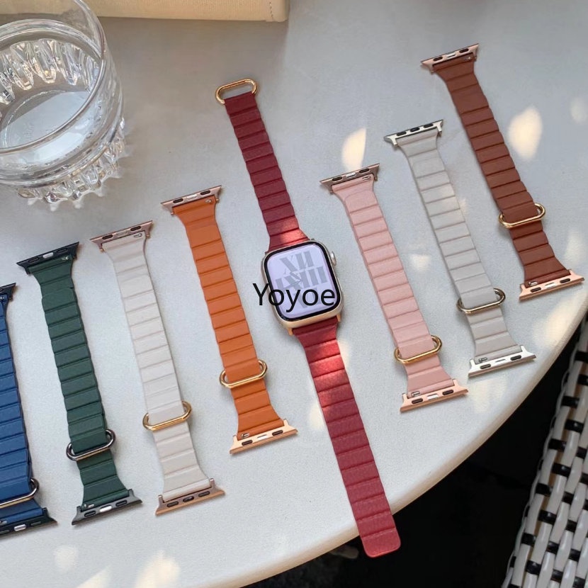 Dây Đeo Đồng Hồ Bằng Da Mỏng Từ Tính 45mm 41mm 44mm 42mm 38mm Cho iWatch Ultar 49mm 8 7 6 SE 5 4 3 2 1 40mm