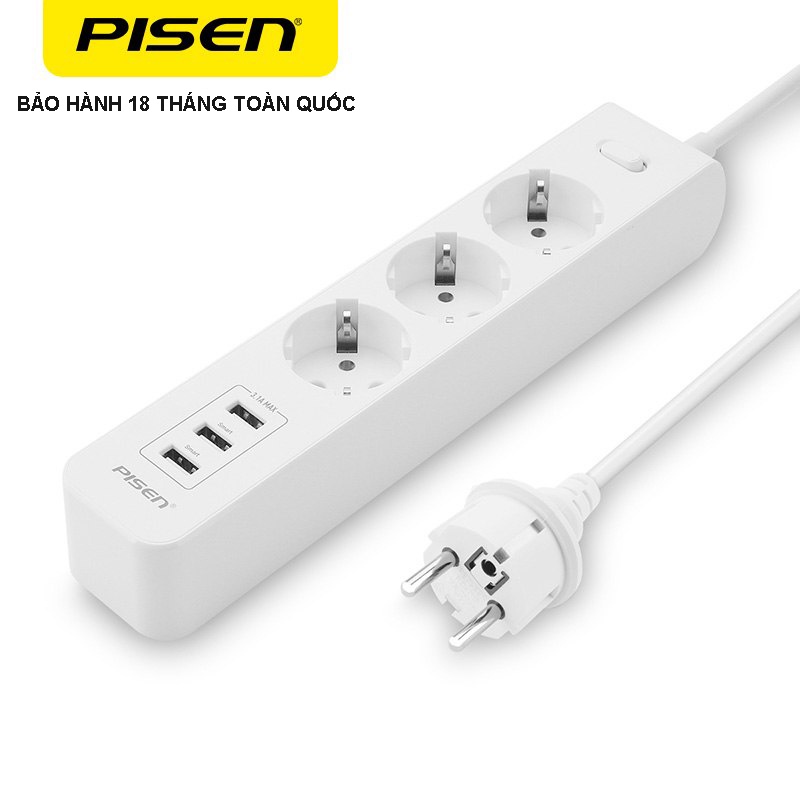 Ổ cắm điện Pisen 303-EP, 3 cổng sạc AC, 3 cổng sạc USB, bảo hành 18 tháng - Hàng chính hãng