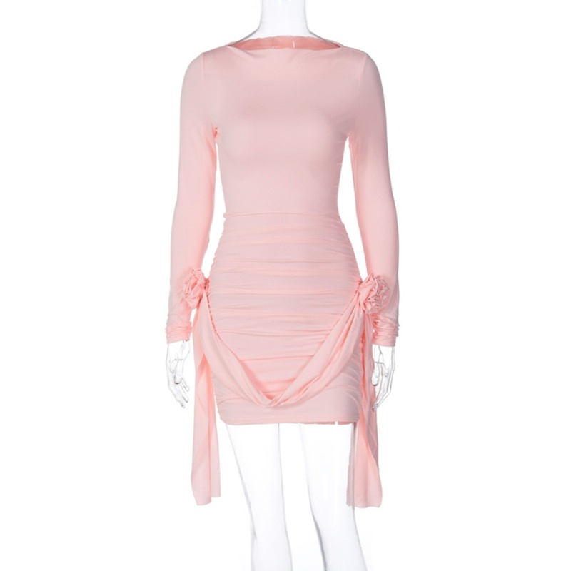 Xiangbao Đầm Ngắn Ôm Dáng Tay Dài Cổ Tròn Phối Bèo Màu Trơn Cho Nữ