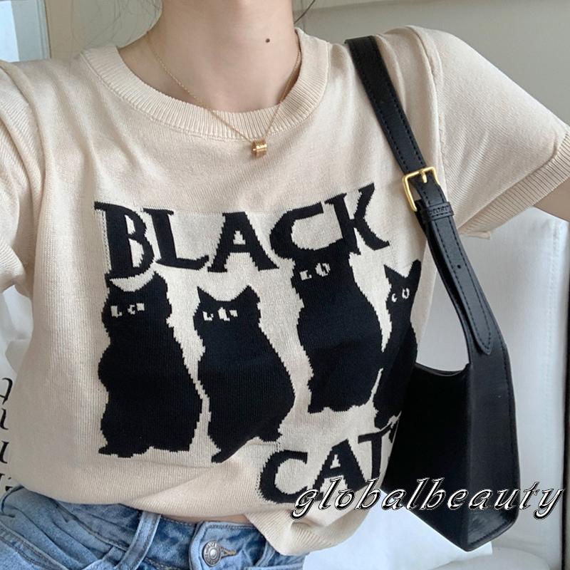 Áo Thun Tay Ngắn Cổ Tròn In Hình Mèo Thời Trang Dành Cho Nữ