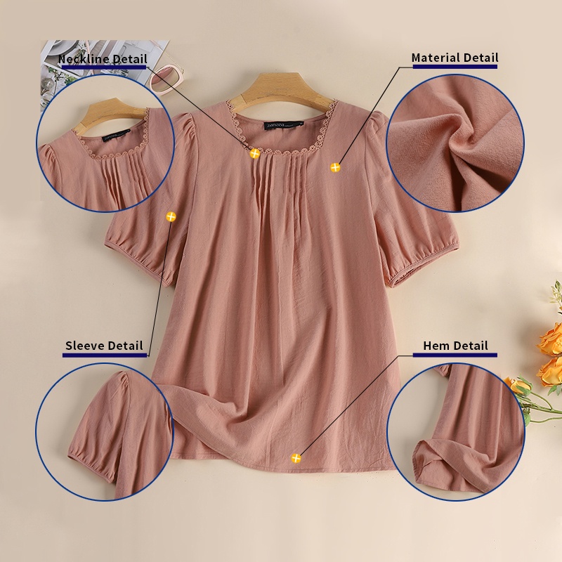 ZANZEA Áo Kiểu Cotton Tay Ngắn Phồng Cổ Vuông Màu Trơn Thời Trang Hàn Quốc Cho Nữ