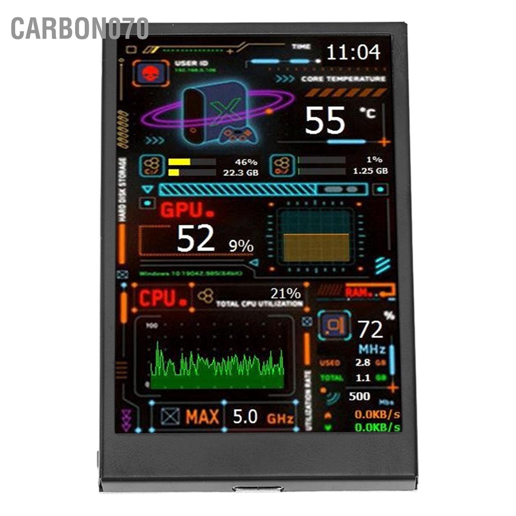 Carbon070 Màn hình nhiệt độ máy tính 3.5in Cổng USB kép hiển thị nhỏ IPS dữ liệu CPU với Trình chỉnh sửa chủ đề trực quan cho GPU RAM HDD