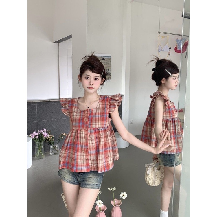 Cozok Áo Sơ Mi Dáng Rộng Tay Bay Họa Tiết Kẻ Sọc Thời Trang Quyến Rũ