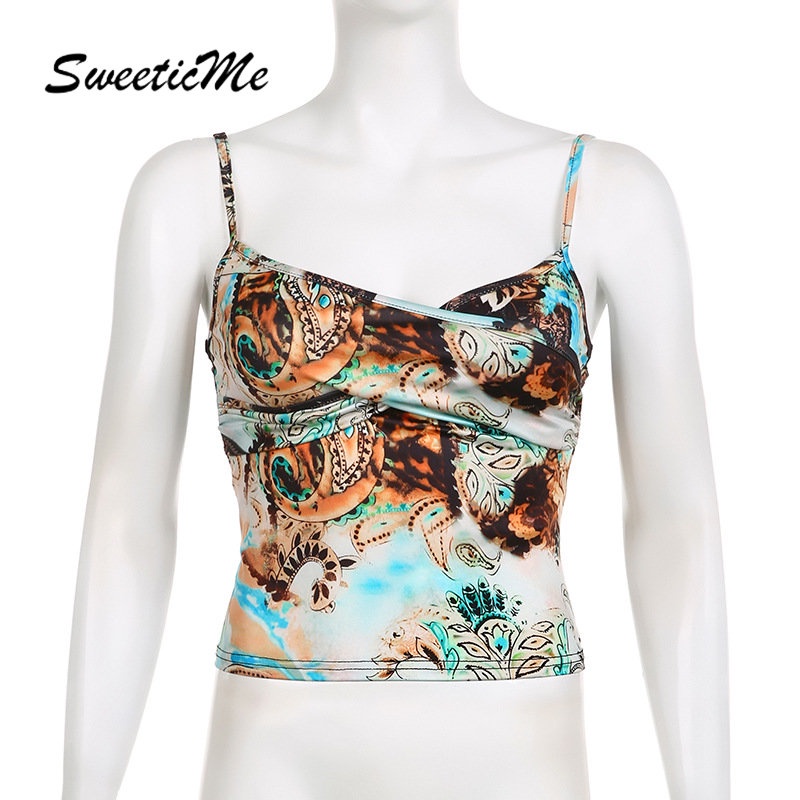 Áo Tank Top Hai Dây Cổ Chữ V Hở Lưng Dáng Ôm In Họa Tiết Thời Trang 2023 Cho Bạn Gái