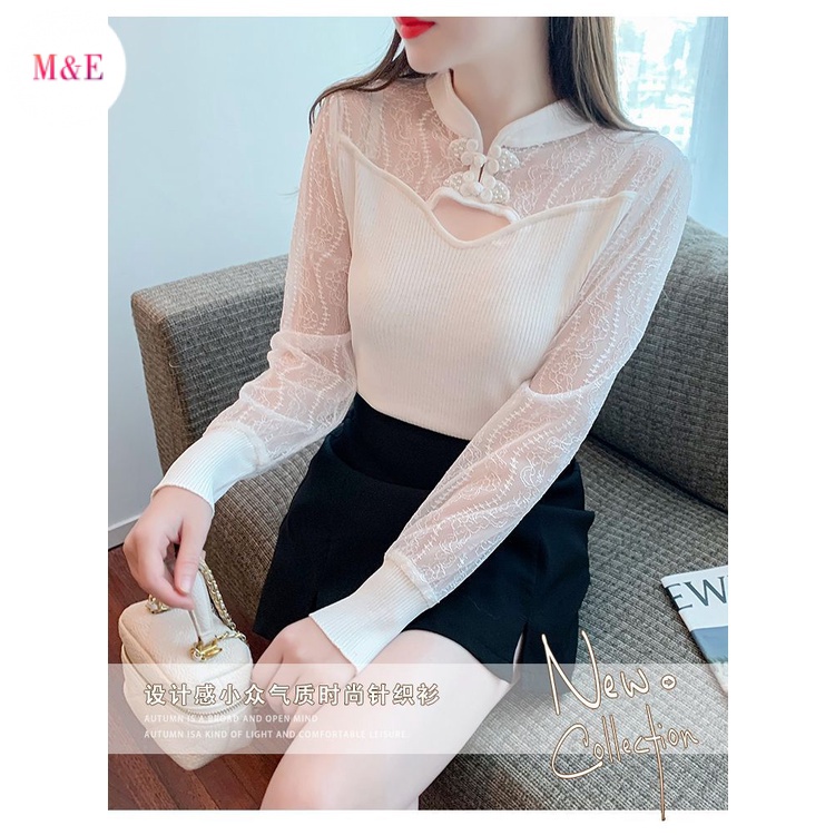 M &amp; E Áo Sơ Mi Cổ Đứng Cài Khóa Cài Ren Lỗ Thời Trang Xuân Hè 2023 Mới Dành Cho Bạn Nữ Mặc Ngoài Trời 2023
