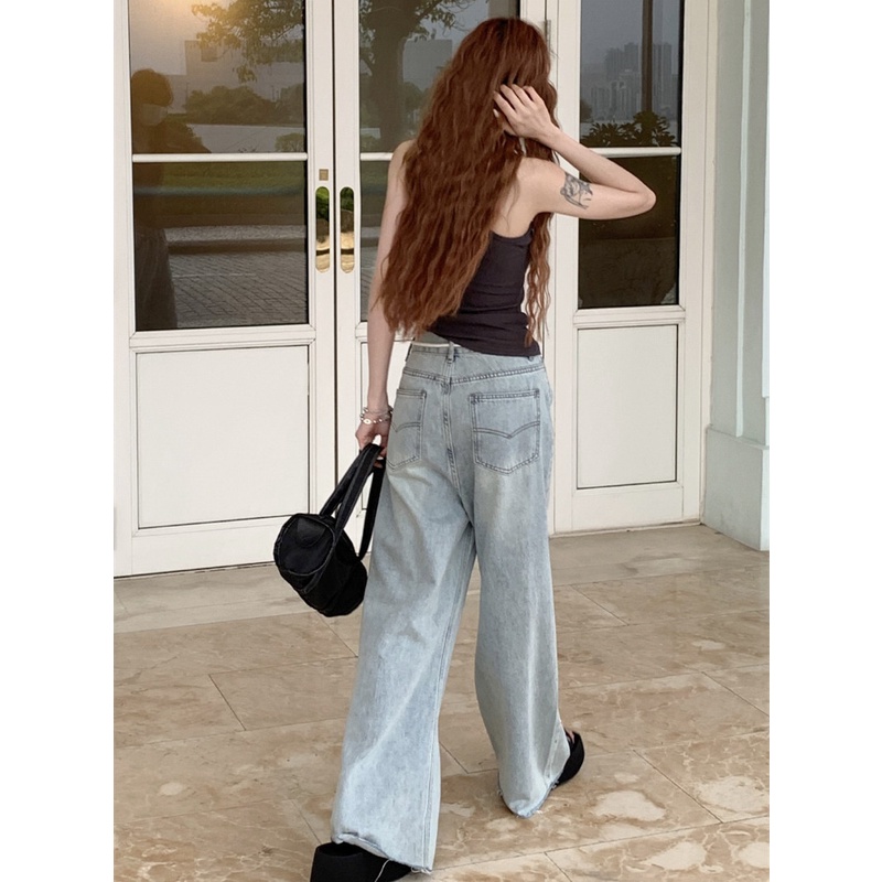 Quần Denim Lưng Cao Ống Suông Rộng Thời Trang Cá Tính