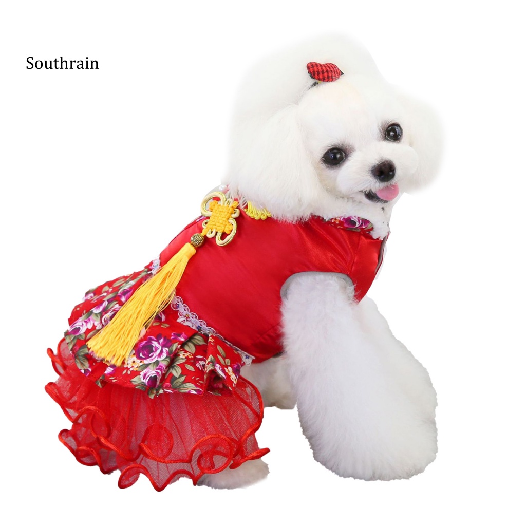 Đầm Hóa Trang Vải Tuyn Mềm Phối Tua Rua In Hoa Dễ Thương Cho Thú Cưng