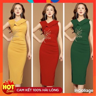 [ĐƯỢC KIỂM TRA HÀNG] Đầm body cổ xéo kết pha Lê cao cấp - Yêu Shop 85