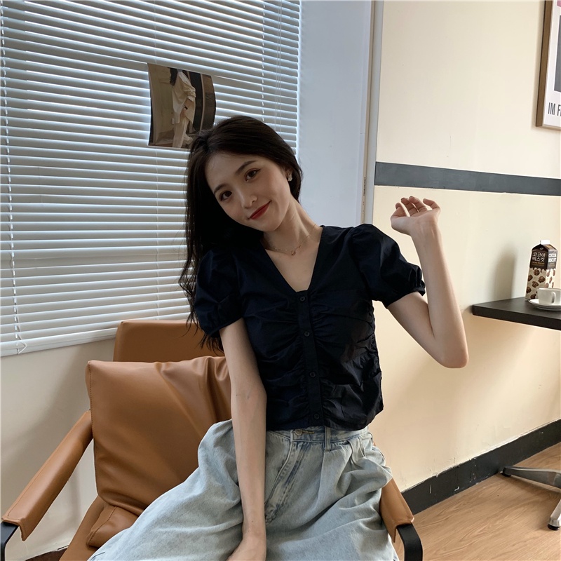 SUXI Áo Kiểu Tay Phồng Cổ Chữ V Màu Sắc Đơn Giản Phong Cách Hàn Quốc