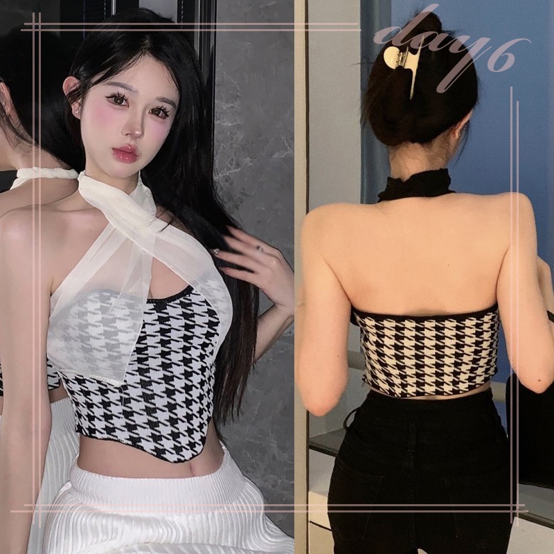 Áo Croptop Dệt Kim Phối Lưới Phong Cách Retro Cho Nữ