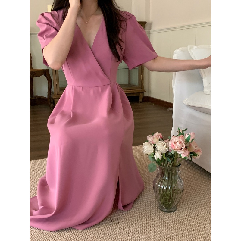 Đầm Tay Phồng Cổ Chữ V Dáng Rộng Xẻ Tà Màu Trơn Thời Trang Mùa Hè Hàng Mới Dành