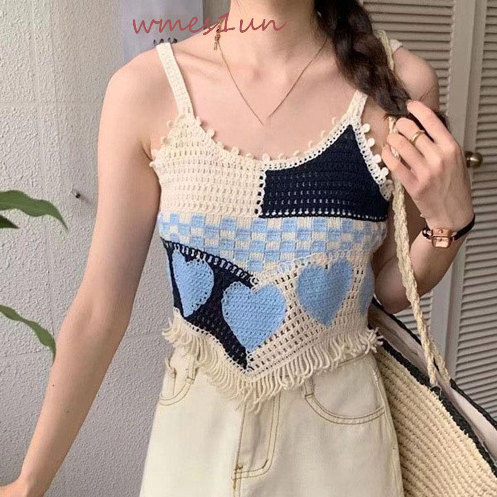 Áo Lót Dệt Kim WMES15H y2k Cổ Tròn Họa Tiết Trái Tim Phong Cách Harajuku Thời Trang Mùa Hè Cho Nữ